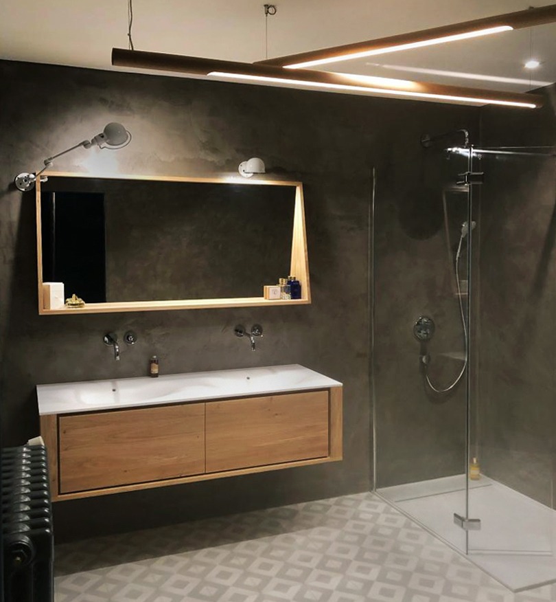 aménagement salle de bain douche italienne meuble rangement murale grande pièce eau