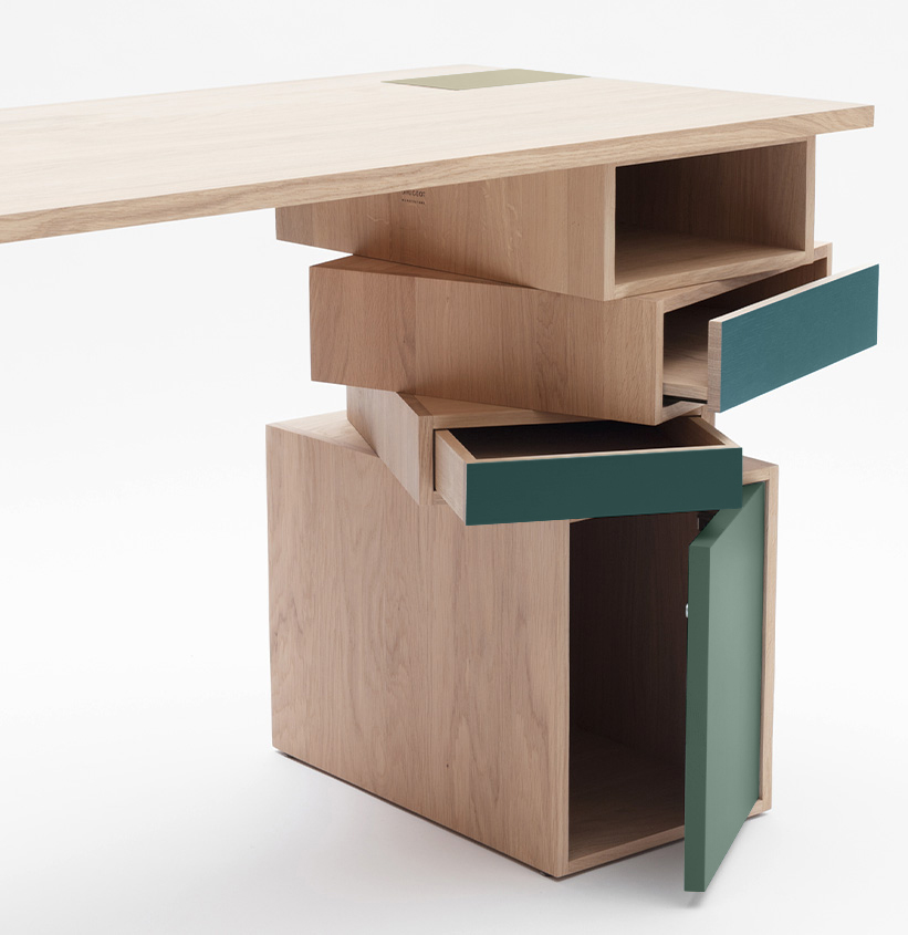 meuble EMPIL bureau avec modules de rangement pivotants niches et tiroirs port USB dissimulé bureau connecté made in France