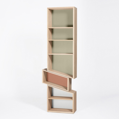 meuble bibliothèque design slide case décalée bois massif équilibre vert gris lin rose poudré pierre rosée
