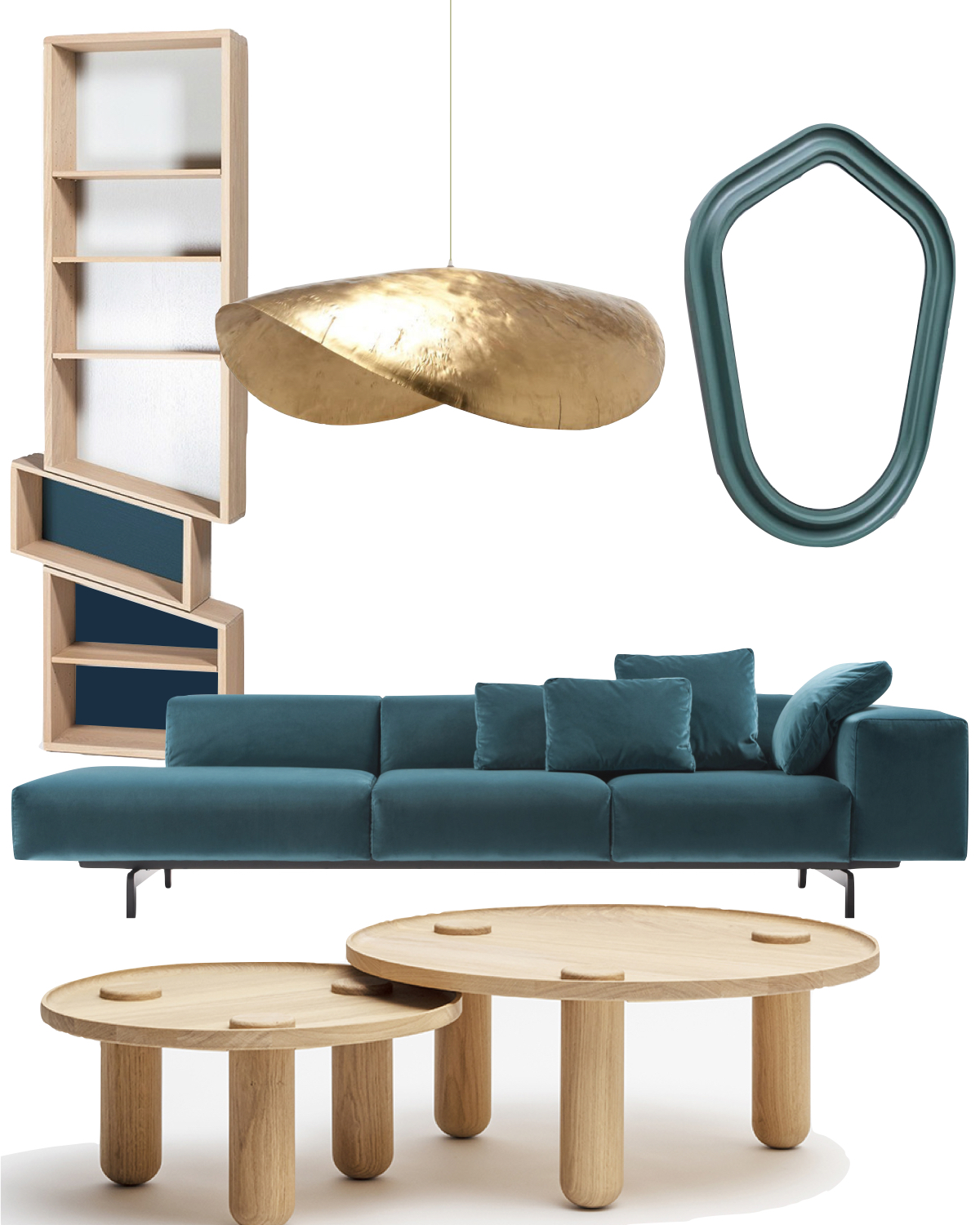 décoration salon canapé bleu meuble bois chêne laiton
